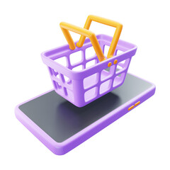 3d icon of shopping basket on top of smartphone, isolated