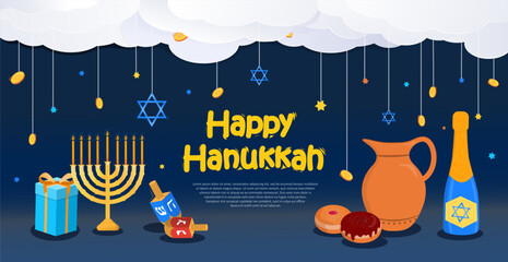 Hanukkah dark banner. Traditional Jewish holiday and festival. Design element for greeting postcard. Menorah, david star and bokeh effect. Wine and donuts. Cartoon flat vector illustration