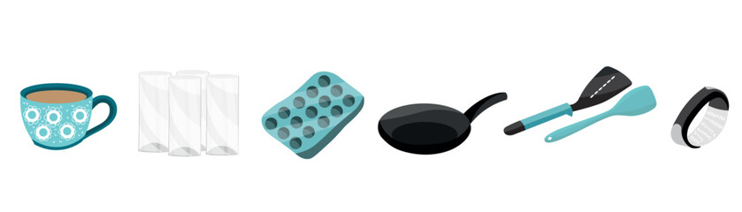 Set of kitchen accessories on white background