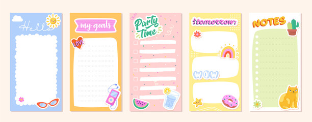 Daily planners set. Collection of sheets with stickers. To do list and organizer, place for notes. My goals, notes and party time. Cartoon flat vector illustrations isolated on white background