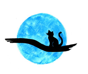 A little cat sits on a branch and looks at the blue moon