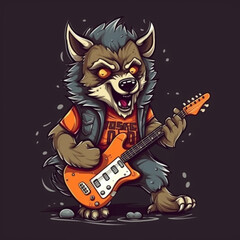 A little rocker wolf playing his guitar in a drawing study as a cheering mascot. AI-generated and human-created