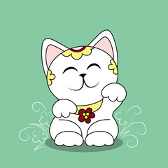 Cute maneki neko (beckoning cat) on green background