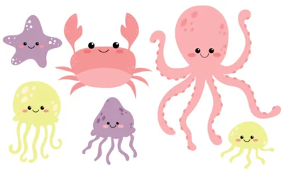 Fotobehang In de zee Vector cute set with sea animals. Nautical collection with octopus, crab, jellyfish and starfish. Inhabitants of the sea world in flat design. Cute ocean animals. Marine animals isolated.