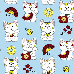 Many cute maneki neko (beckoning cats), coins, fans and flowers on light blue background. Pattern for design