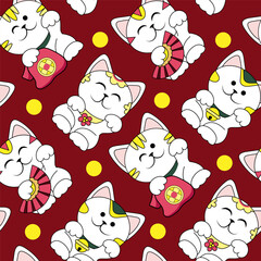 Many cute maneki neko (beckoning cats) and coins on red background. Pattern for design