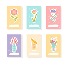 Spring bookmarks set. Collection of reading materials with drawings of flowers. Aesthetics and elegance. Covers for notebooks and diary. Cartoon flat vector illustrations isolated on white background