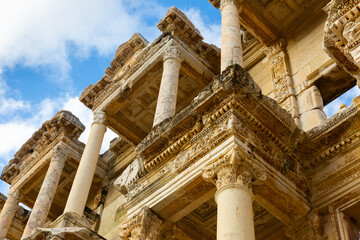 View of the decorative facade of the Library of Celsus in ancient Ephesus, Turkey
