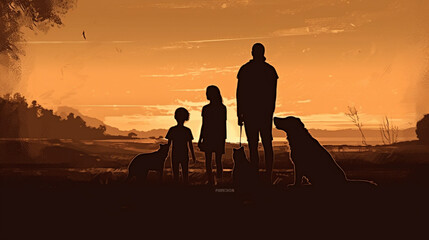 Fototapeta na wymiar silhouette of a happy family with children and dog Generative AI