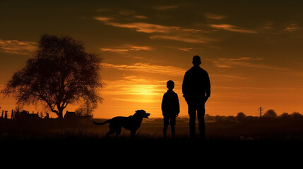 Fototapeta na wymiar Silhouetted family and dog take in the beauty of the sunset Generative AI