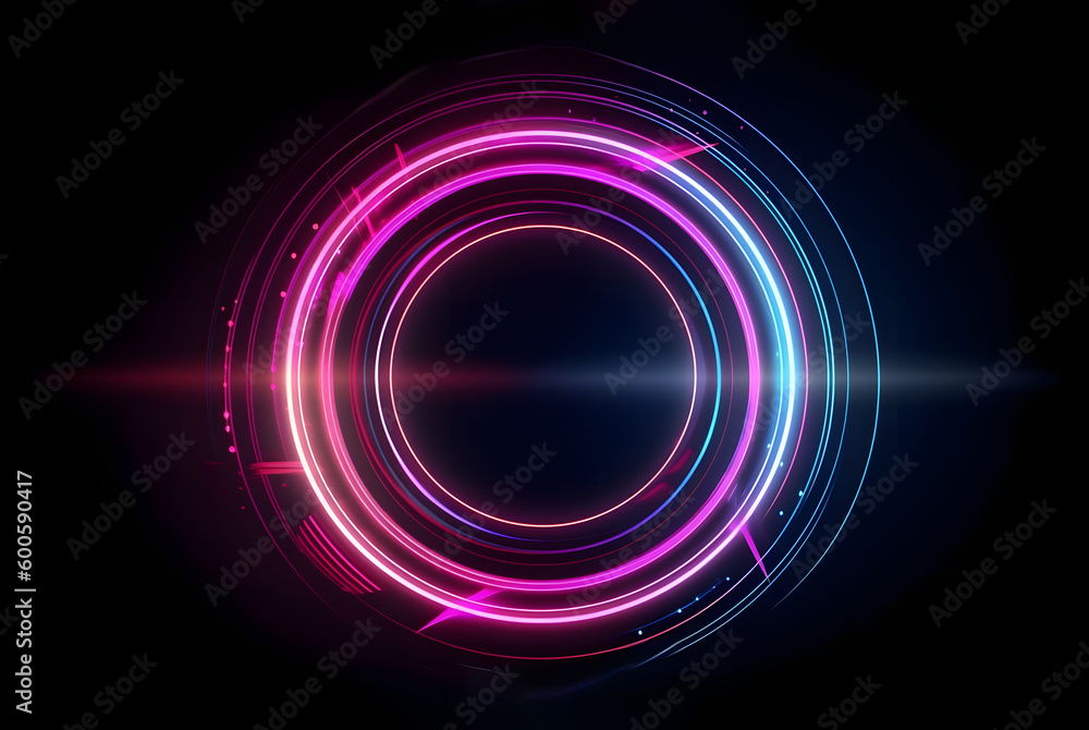 Wall mural Abstract neon circle lights background with laser rays, and glowing lines