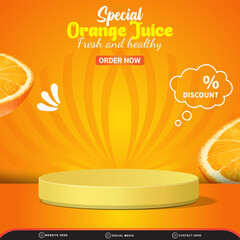 special fresh drink discount square social media post template banner with copy space 3d podium with abstract gradient orange and yellow background design