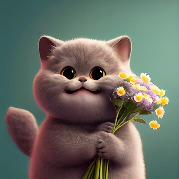 Smiling cute british short hair in cat holding bouquet in colorful flowers isolated warm background. Concept of phonographic in art digital of animal abstract profile. Glorious generative AI.