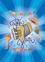 Festa Junina with accordion, hot air balloons, musical notes, straw hat and party flags on blue rays background. Lettering style. Vector illustration for cards and banners.