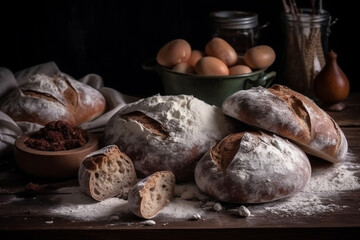 Bread with lour product photography arrangement. Ai generated.