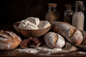 Fototapeta premium Bread with lour product photography arrangement. Ai generated.