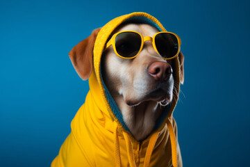 Cool and funny dog in a yellow hoodie with sunglasses isolated on a blue background. Ai generated
