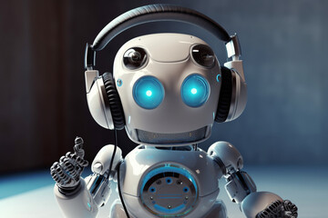 Small futuristic Ai robot listening to music headphones. Ai generated
