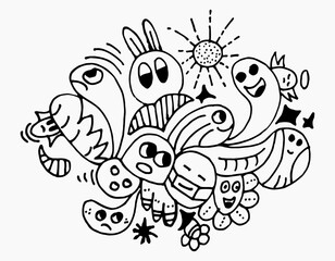 Hand-drawn doodle with black line. Creative abstract illustration that suitable for sticker, drawing book, cover. Isolated on white background