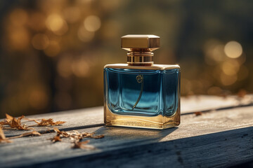 A bottle of blue perfume in an outdoor setting sitting on a wood. Ai generated