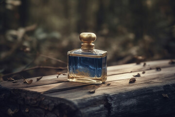 Obraz na płótnie Canvas A bottle of blue perfume in an outdoor setting sitting on a wood. Ai generated