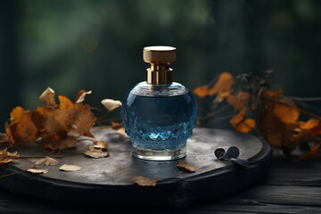 Obraz na płótnie Canvas A bottle of blue perfume in an outdoor setting sitting on a wood. Ai generated