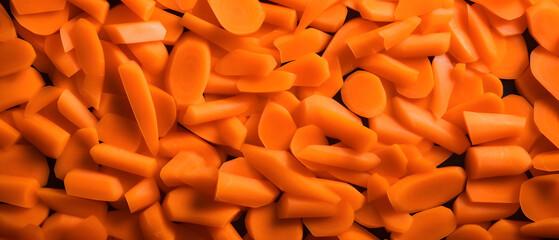 Texture of uniformly chopped carrots, showcasing a vibrant orange hue and fresh vegetable background