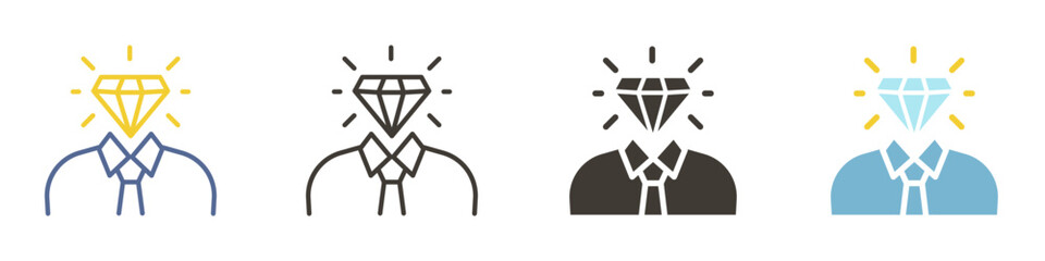 Vector icon in 4 different styles. Person with diamond on his head. Employee of the month, loyalty rewards or premium subscription