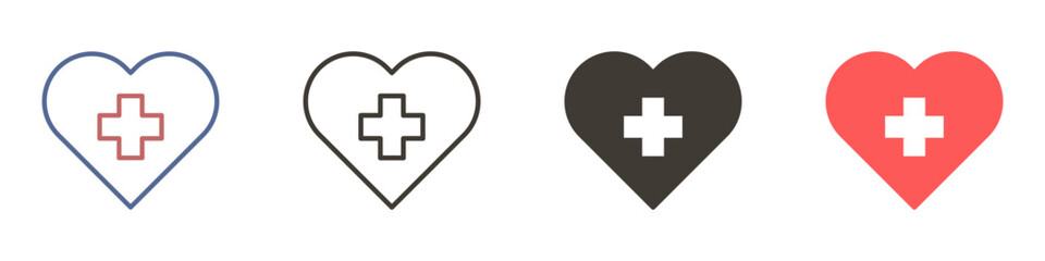 Heart shape with cross inside. Vector icon in 4 different styles. - obrazy, fototapety, plakaty