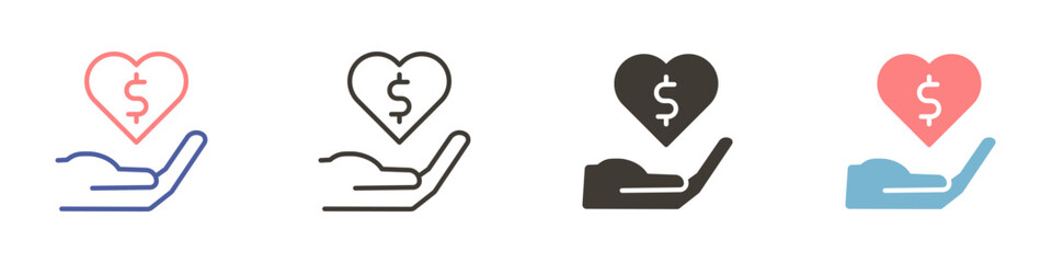 Hand with Heart with a money symbol icon. Philantrophy, giving donation. Vector graphic elements illustrations in different styles.