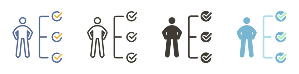 Vector icon in 4 different styles. Person with a checkbox list representing duties or qualifications