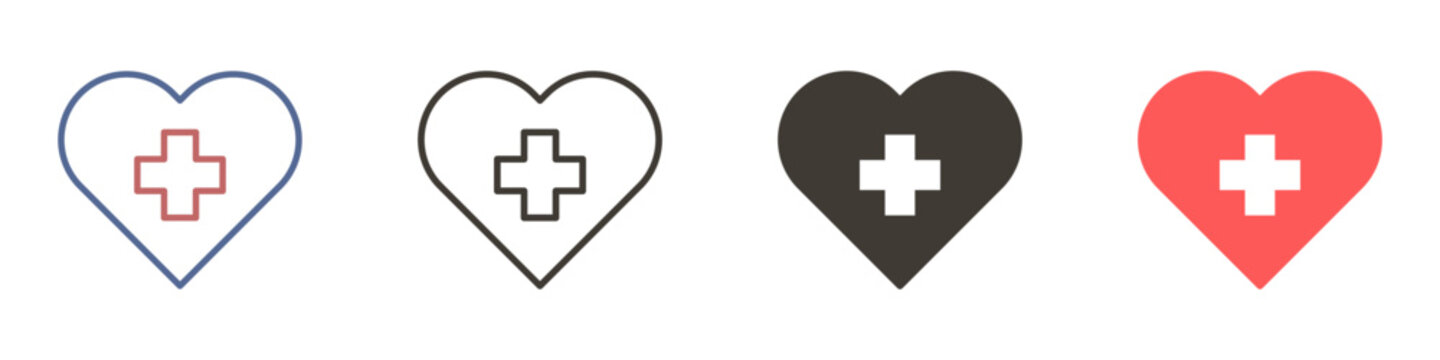 Heart shape with cross inside. Vector icon in 4 different styles.