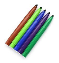 Many different colorful markers on white background, top view