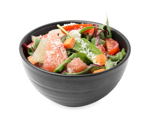 Delicious salad with pomelo, shrimps and tomatoes in bowl on white background