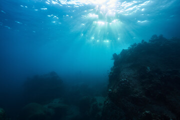 Fototapeta na wymiar underwater photography of a coral reef with rocks and sun rays underwater