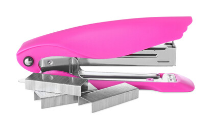 Bright pink stapler with staples isolated on white