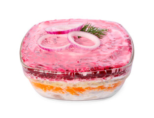 Herring under fur coat isolated on white. Traditional Russian salad