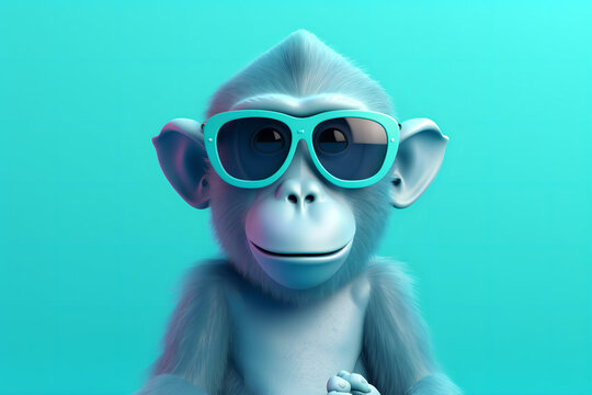 Funny Cute Monkey With Sunglasses On The Solid Background. Generative AI.