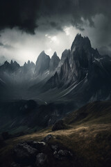 Dark clouds over Dolomites under black sky, ai-generated artwork