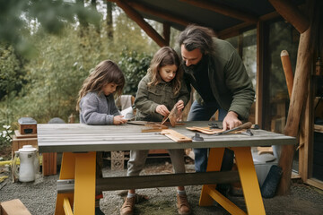 A man and a little girl working at a picnic table by wooden cabin. Generative AI.