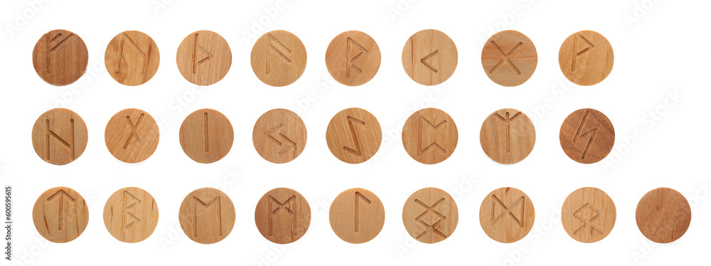 Wall mural set of wooden runes on white background, top view. divination tool