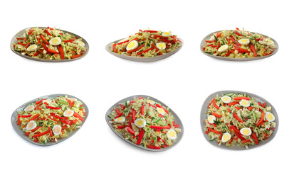 Plates of tasty salad with Chinese cabbage and eggs on white background, different sides. Collage design