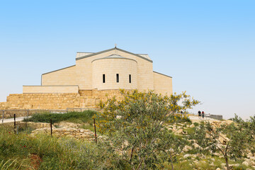Memorial Church of Moses at the Mount Nebo complex, looking at Mose’s Promised Land in Madaba,...