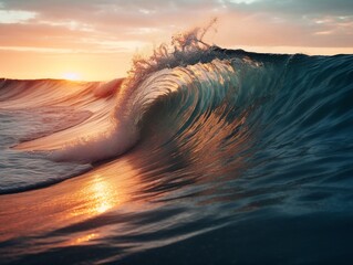 Sunset ocean wave view, generative ai