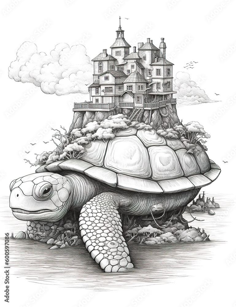 Poster a drawing of a turtle that carries a castle in it's back. generative ai.