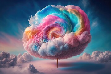 rainbow glitter cotton candy swirling into cloud in the sky. distinct generative AI image.