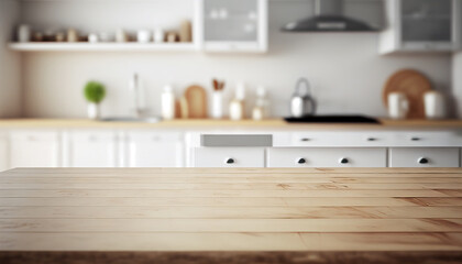 Fototapeta na wymiar Empty wooden table with kitchen in background