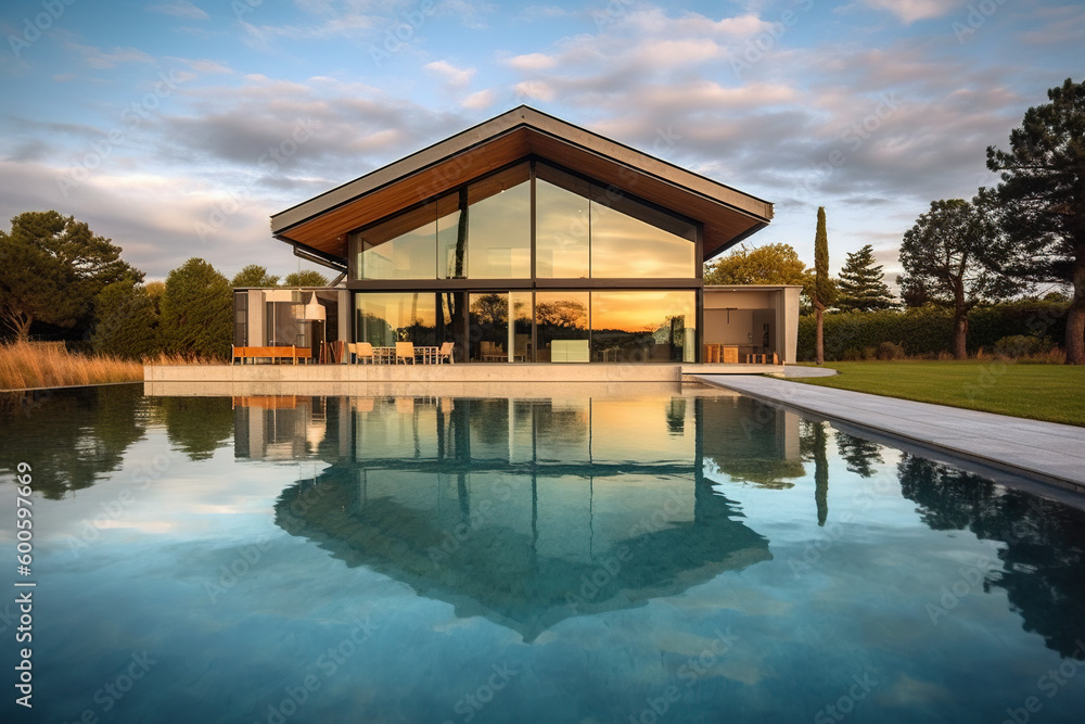 Poster a house with a pool in front of it. generative ai.