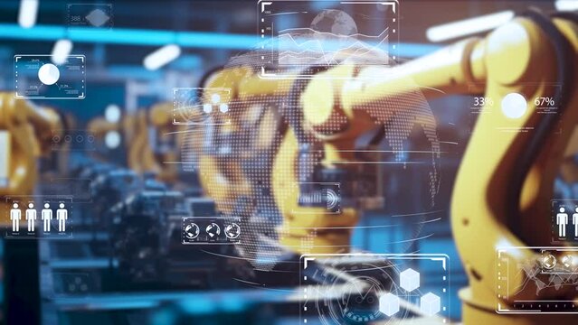 インダストリー4.0の環境でAIを使った工場製造ライン、AIとロボットによる工場自動化のイメージ