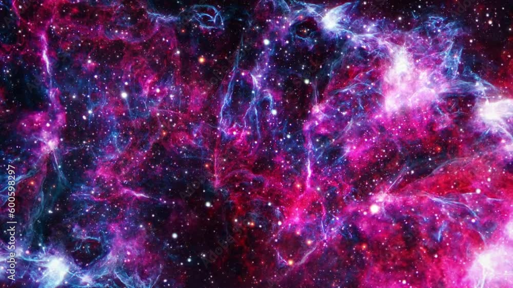 Poster space travel to the sparking cloud red glow nebula milky way in deep space abstract background. 4k 3